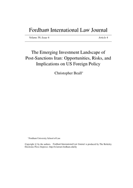 The Emerging Investment Landscape of Post-Sanctions Iran: Opportunities, Risks, and Implications on US Foreign Policy