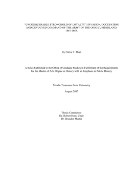 Unconquerable Stronghold of Loyalty”: Invasion, Occupation and Devolved Command of the Army of the Ohio/Cumberland, 1861-1863