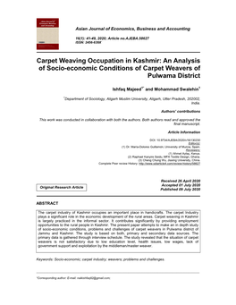 Carpet Weaving Occupation in Kashmir: an Analysis of Socio-Economic Conditions of Carpet Weavers of Pulwama District