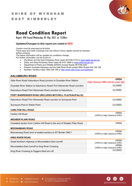 Road Condition Report Report #8 Issued Wednesday 05 May 2021 at 1330Hrs