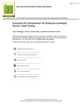 Essential Oil Composition of Centaurea Stenolepis Kerner. from Turkey