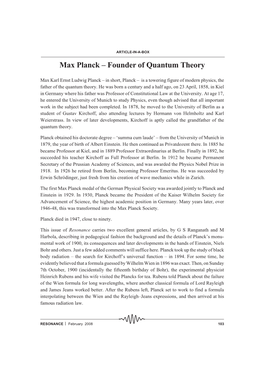 Max Planck – Founder of Quantum Theory