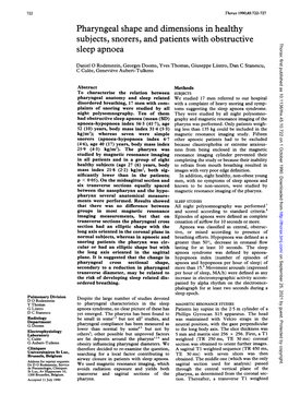 Pharyngeal Shape and Dimensions in Healthy Jects, Snorers, Sub and Patients with Obstructive Thorax: First Published As 10.1136/Thx.45.10.722 on 1 October 1990