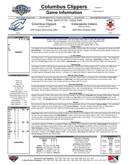Columbus Clippers Game #1 Game Information Road Game #1
