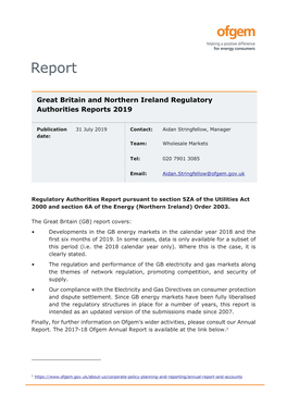 Great Britain and Northern Ireland Regulatory Authorities Reports 2019