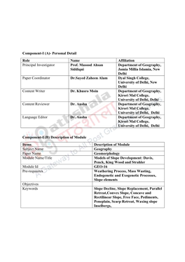 Component-I (A)- Personal Detail Role Name Affiliation Principal Investigator Prof