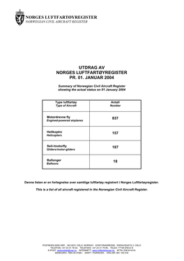 Norges Luftfartøyregister Utdrag Av Norges Luftfartøyregister Pr. 01. Januar 2004