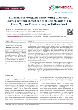 Evaluation of Prezygotic Barrier Using Laboratory Crosses Between Three Species of Blue Mussels of the Genus Mytilus, Present Along the Chilean Coast