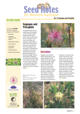 Isopogon and Petrophile in THIS ISSUE Disopogon and This Issue of Seed Notes Petrophile Will Cover the Genera the Botanist Robert Brown Isopogon and Petrophile