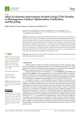 Alkyl Levulinates from Furfuryl Alcohol Using CT151 Purolite As Heterogenous Catalyst: Optimization, Puriﬁcation, and Recycling