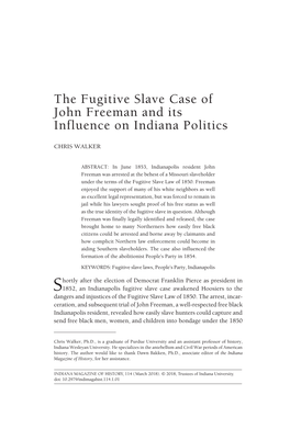 The Fugitive Slave Case of John Freeman and Its Influence on Indiana Politics