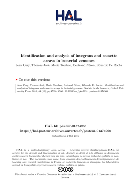 Identification and Analysis of Integrons and Cassette Arrays in Bacterial Genomes Jean Cury, Thomas Jové, Marie Touchon, Bertrand Néron, Eduardo Pc Rocha