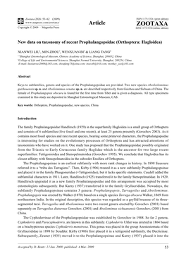 Zootaxa, New Data on Taxonomy of Recent Prophalangopsidae (Orthoptera: Hagloidea)