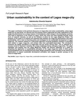 Urban Sustainability in the Context of Lagos Mega-City