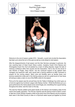 Chairman Royal Navy Rugby League 2014 End of Season Update
