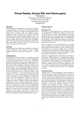 Virtual Reality, Oculus Rift, and Otome Game Victoria Yen Parsons the New School for Design 65 5Th Ave NYC, NY,10003 Yenv672@Newschool.Edu 646-808-5262