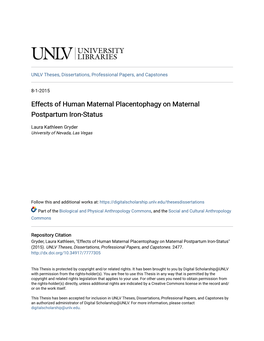 Effects of Human Maternal Placentophagy on Maternal Postpartum Iron-Status