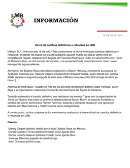 Cierre De Cambios Definitivos Y Refuerzos En LMB México, DF