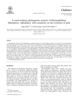 A Totalevidence Phylogenetic Analysis of Hormaphidinae (Hemiptera