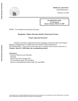 OFFICIAL USE ONLY IDA/R2009-0026/1 February 26, 2009 Public Disclosure Authorized Streamlined Procedure for Meeting of Board: Tuesday, March 17, 2009