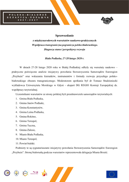 Sprawozdanie Z Międzynarodowych Warsztatów Naukowo-Praktycznych Współpraca Transgraniczna Pogranicza Polsko-Białoruskiego