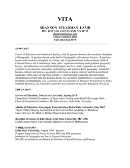 SHANNON STEADMAN LAMB DSU BOX 3264 CLEVELAND, MS 38733 Slamb@Deltastate.Edu Office: (662)846-4098 Cell: (662)-822-5870 ______