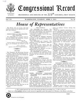 Congressional Record United States Th of America PROCEEDINGS and DEBATES of the 113 CONGRESS, FIRST SESSION