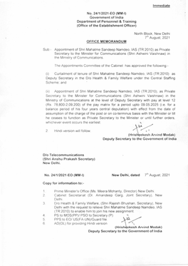 Immediate No. 24/1/2021 -EQ (MM-I) Government of India Department of Personnel & Training (Office of the Establishment Offic