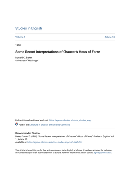Some Recent Interpretations of Chaucerâ•Žs Hous of Fame