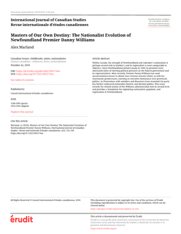 Masters of Our Own Destiny: the Nationalist Evolution of Newfoundland Premier Danny Williams Alex Marland