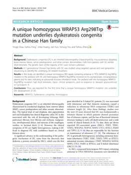 A Unique Homozygous WRAP53 Arg298trp Mutation Underlies Dyskeratosis Congenita in a Chinese Han Family