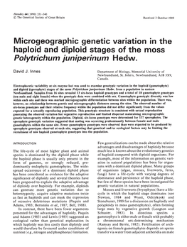 Microgeographic Genetic Variation in the Haploid and Diploid Stages of the Moss Polytrichum Juniperinum H Edw