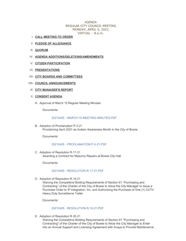 AGENDA REGULAR CITY COUNCIL MEETING MONDAY, APRIL 5, 2021 VIRTUAL - 8 P.M