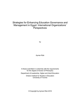 Strategies for Enhancing Education Governance and Management in Egypt: International Organizations’ Perspectives