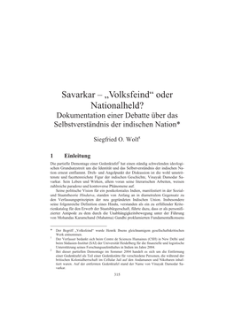 Savarkar – „Volksfeind“ Oder Nationalheld? Dokumentation Einer Debatte Über Das Selbstverständnis Der Indischen Nation*