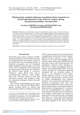 Phylogenetic Analysis Indicates Transitions from Vegetative to Sexual Reproduction in the Lobaria Retigera Group (Lecanoromycetidae, Ascomycota)