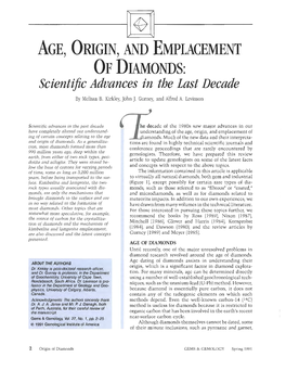 Age, Origin and Emplacement of Diamonds