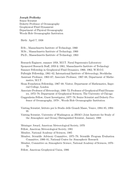 Joseph Pedlosky Senior Scientist Doherty Professor of Oceanography Geophysical Fluid Dynamicist Department of Physical Oceanogra