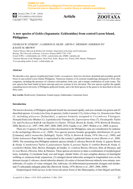 Zootaxa, a New Species of Gekko (Squamata