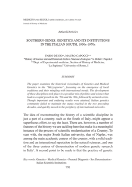 791 Southern Genes. Genetics and Its Institutions In