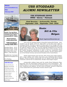 USS Stoddard Alumni Newsletter—February 2020 Page 2 the Following Are Some of the Events We Are Looking Into for the Reunion