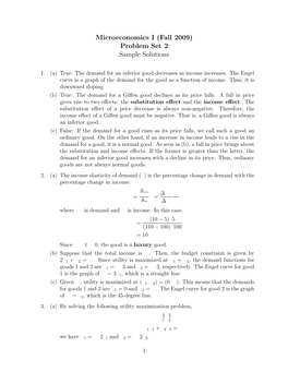 Microeconomics I (Fall 2009) Problem Set 2 Sample Solutions