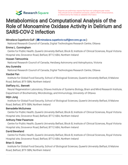 Metabolomics and Computational Analysis of the Role of Monoamine Oxidase Activity in Delirium and SARS-COV-2 Infection