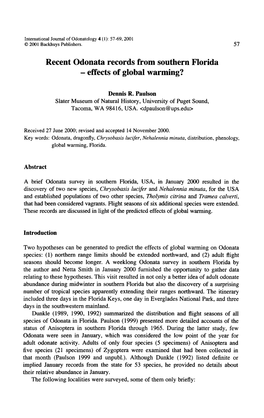 Recent Odonata Records from Southern Florida - Effects of Global Warming?