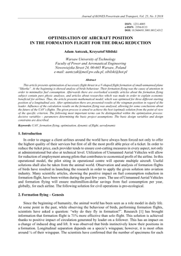 Optimisation of Aircraft Position in the Formation Flight for the Drag Reduction