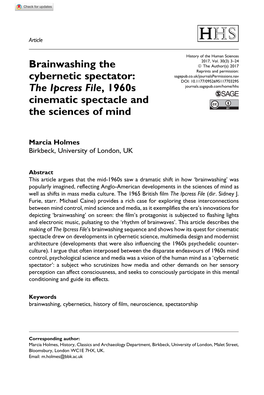 Brainwashing the Cybernetic Spectator: the Ipcress File, 1960S Cinematic Spectacle and the Sciences of Mind