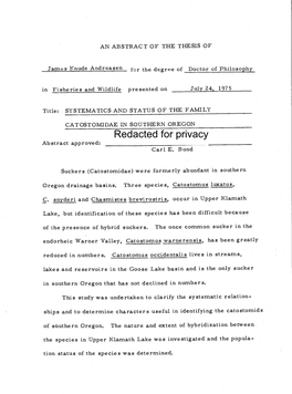 Systematics and Status of the Family Catostomidae in Southern Oregon by James Knude Andreasen