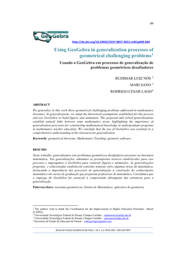 Using Geogebra in Generalization Processes of Geometrical Challenging Problems1 Usando O Geogebra Em Processos De Generalização De Problemas Geométricos Desafiadores