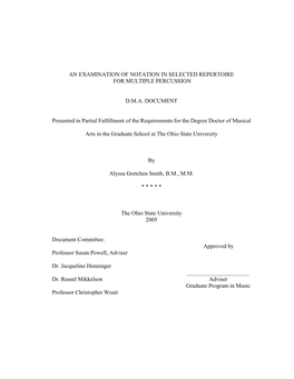 An Examination of Notation in Selected Repertoire for Multiple Percussion