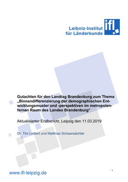 Gutachten Für Den Landtag Brandenburg Zum Thema „Binnendifferenzierung Der Demographischen Ent- Wicklungsmuster Und -Perspekt